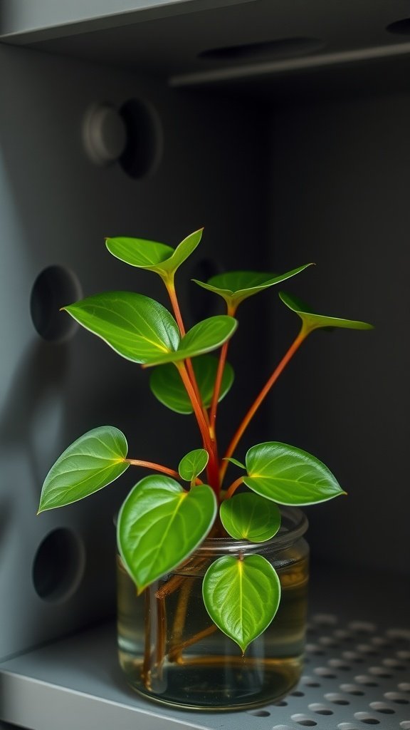 A Peperomia plant growing in a jar of water, showcasing its vibrant green leaves and red stems.