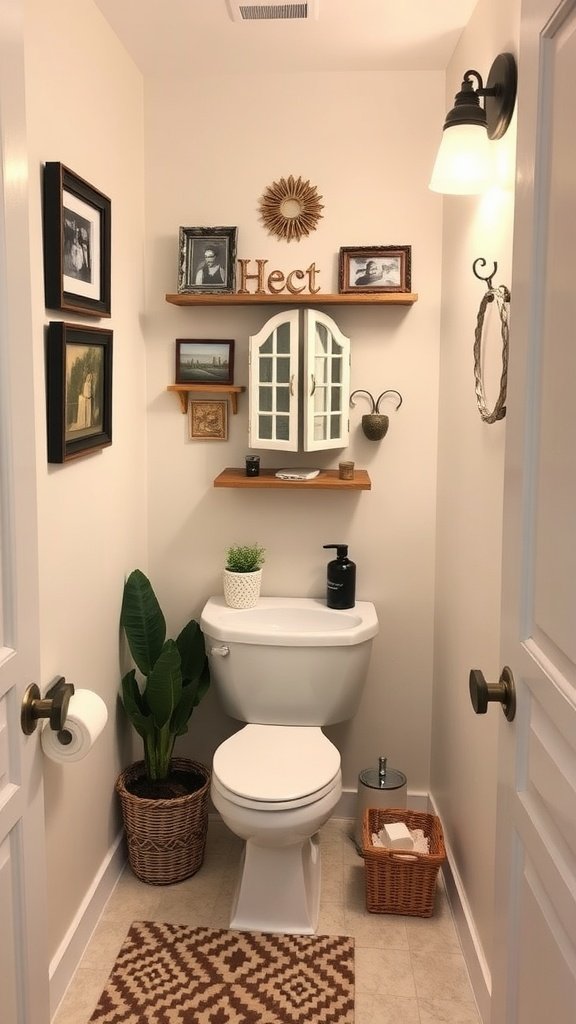 A cozy half bathroom featuring decorative shelves, framed pictures, and a plant.