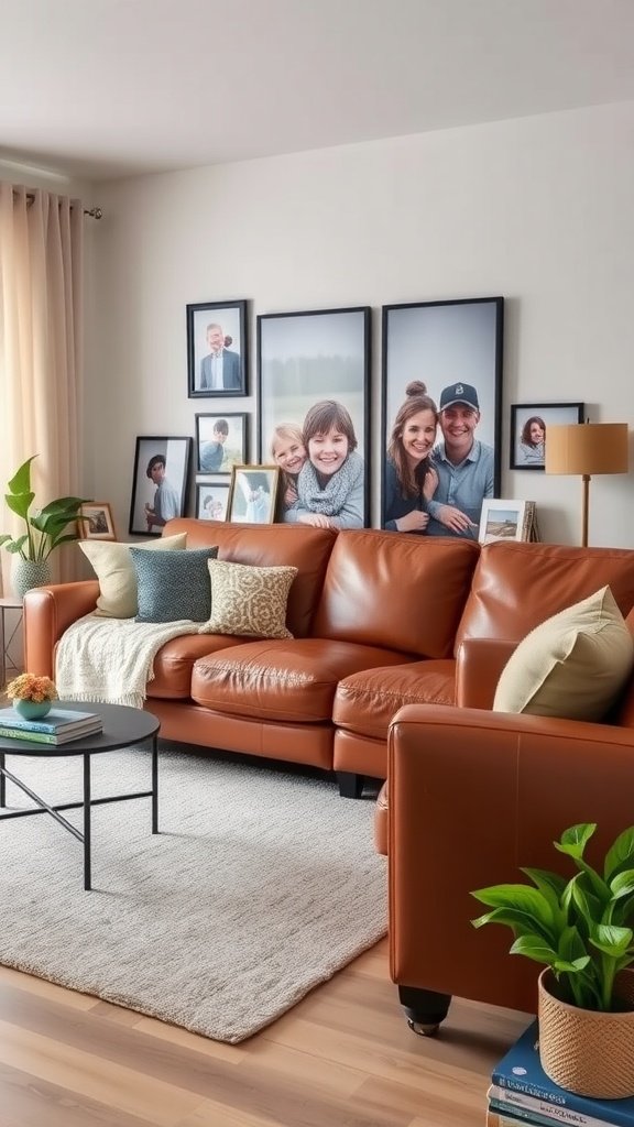 A cozy living room featuring a brown leather couch with family photos displayed on the wall.