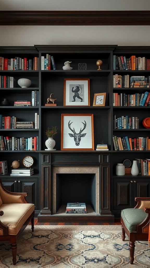 A stylish bookshelf filled with books, decorative items, and artwork in a cozy living room setting.