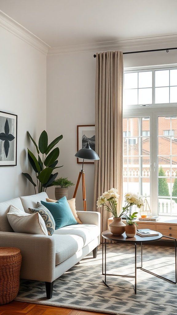 Cozy living room with a green sofa and decorative accents.