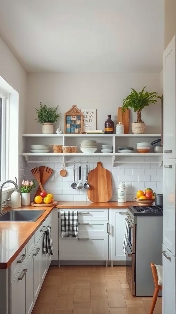A cozy kitchen with open shelves, potted plants, and colorful dishware.