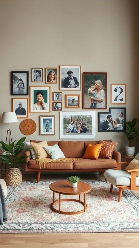 Colorful boho living room with a personalized gallery wall featuring various framed photos and art.