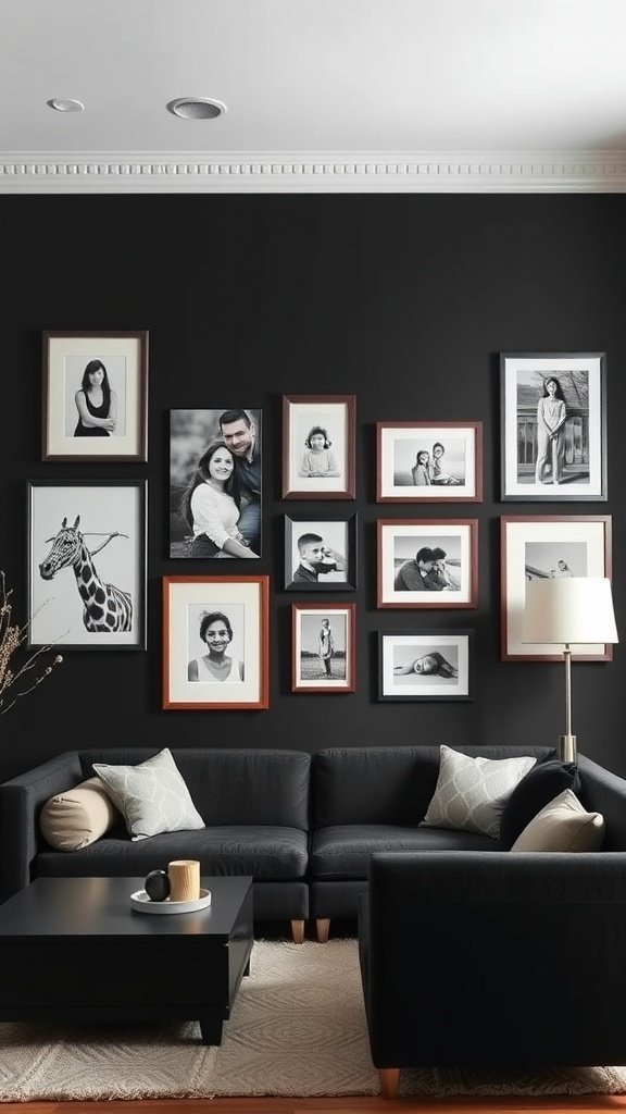 A personalized gallery wall featuring a variety of framed photos and art on a black wall in a stylish living room.