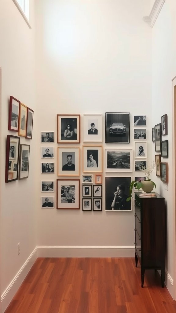 A cozy gallery wall featuring a mix of black and white photos and colorful frames in a well-lit hallway.