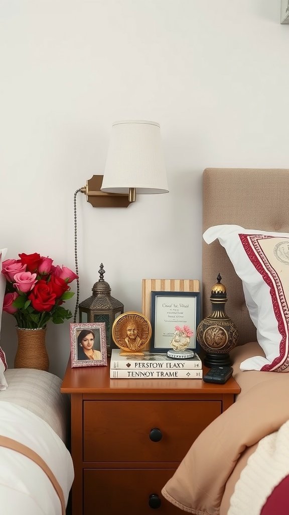 A beautifully decorated nightstand with flowers, a photo frame, and decorative items.