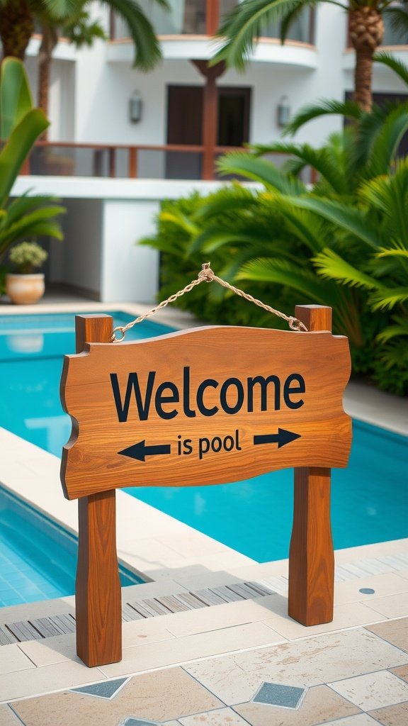 Wooden sign saying 'Welcome is pool' by a swimming pool surrounded by tropical plants.