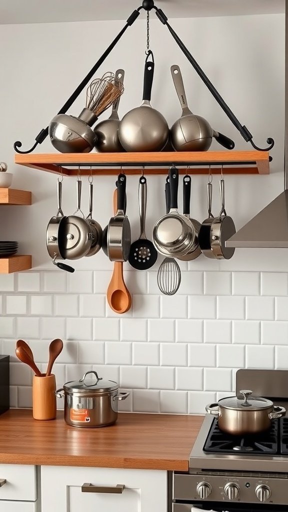 Stylish pot rack with various kitchen utensils hanging