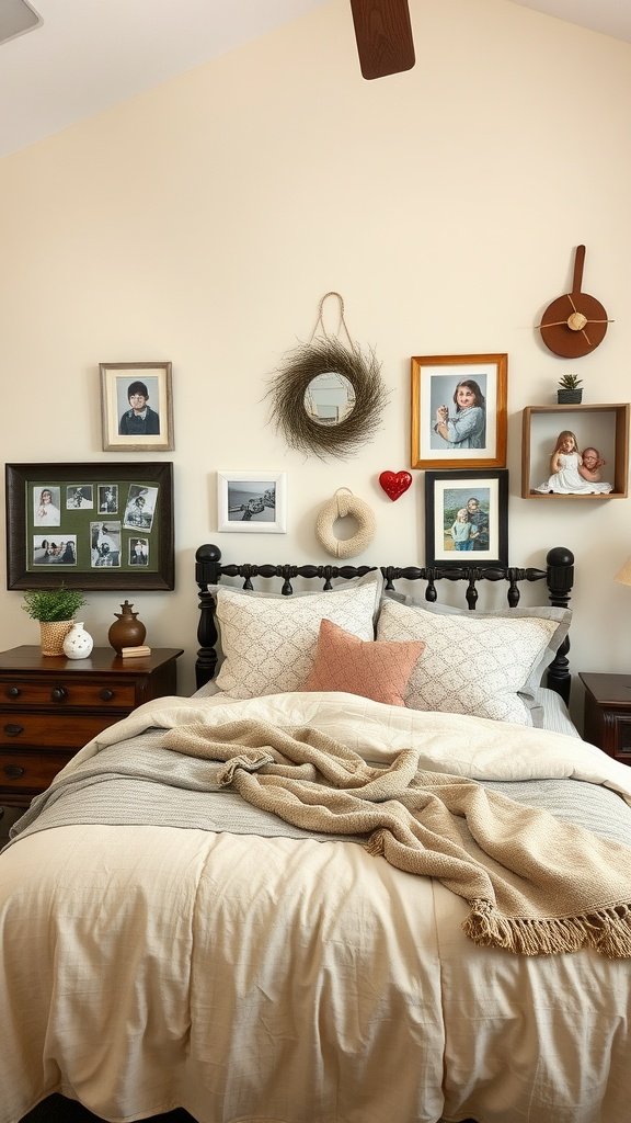 A cozy rustic bedroom featuring a black bed frame with various personal photos on the wall