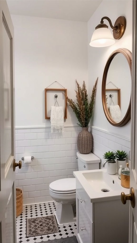 Stylish half bathroom with farmhouse decor and plants