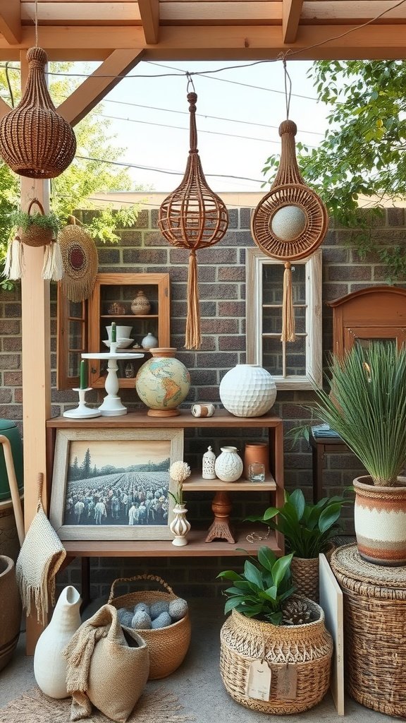 A beautiful outdoor setup with handcrafted decor items, including woven baskets and hanging decorations.