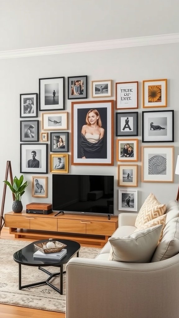 A cozy living room featuring a wall art display with various framed pictures.