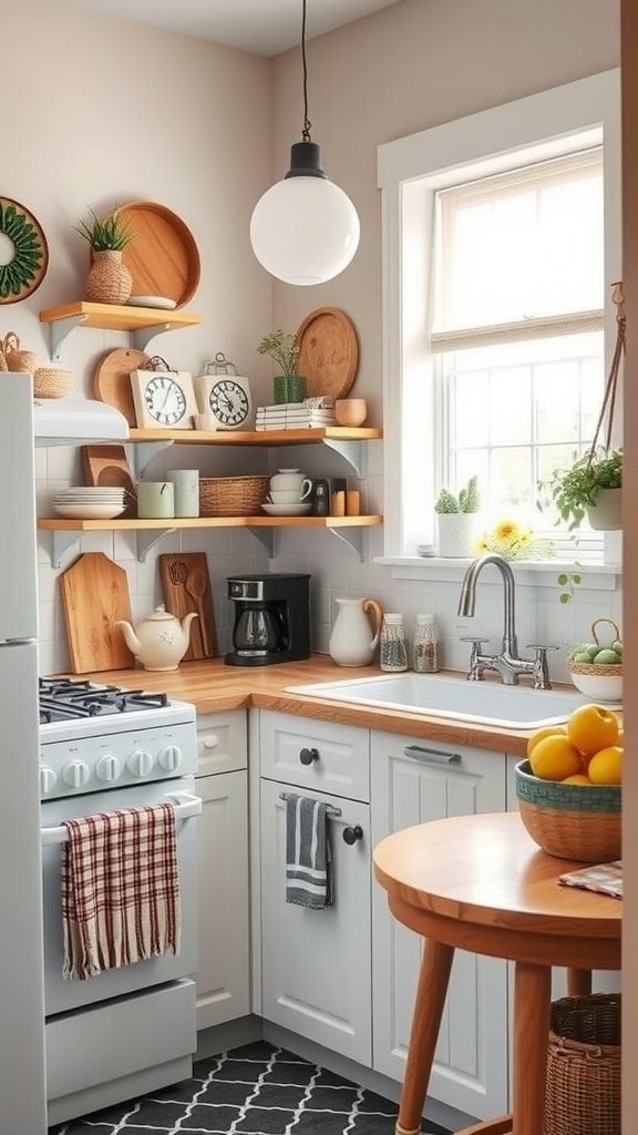 A cozy small kitchen with wooden shelves, plants, and decorative items.