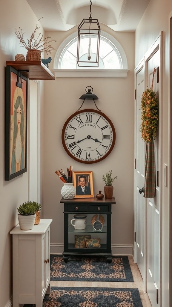 A stylish entryway featuring a large clock, personal photos, and decorative plants.
