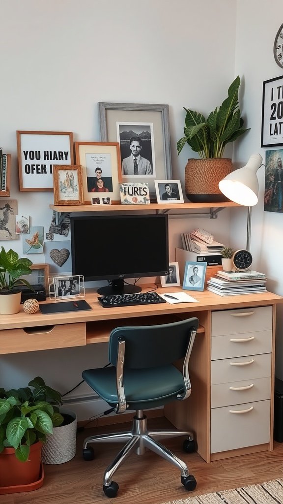 A personalized small home office setup with a desk, computer, and decorative elements.