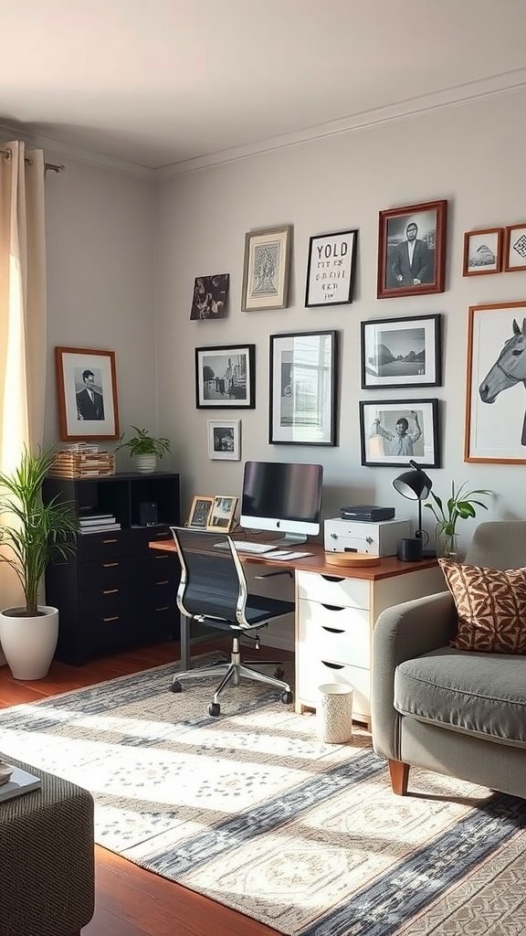 Cozy office area in a living room with computer desk and personal decor
