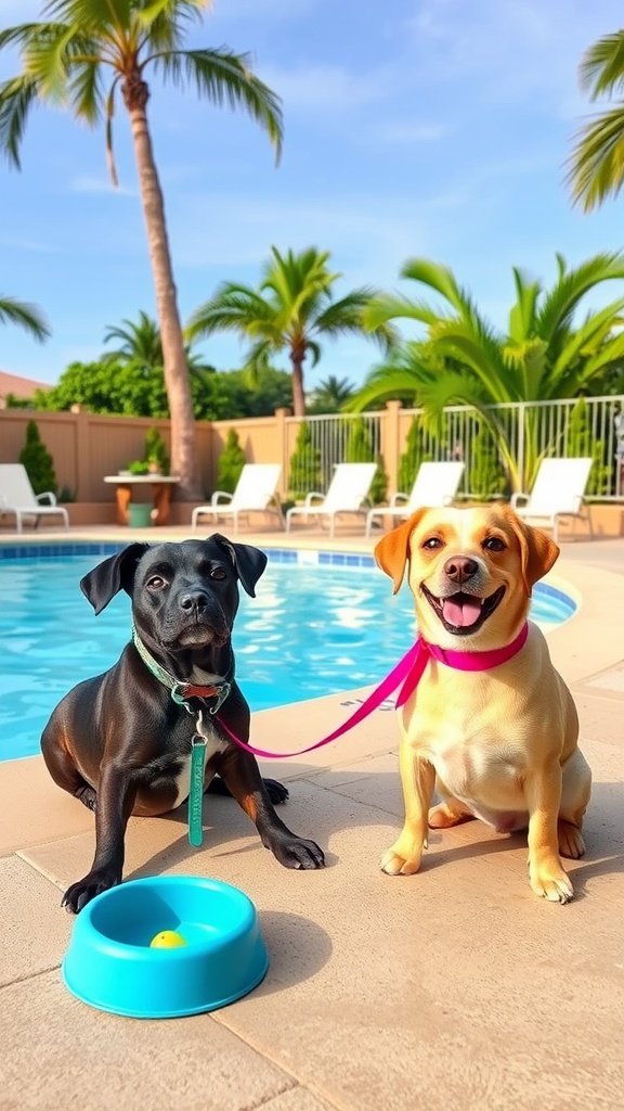 A pool scene with two dogs enjoying the water, surrounded by pet-friendly features.