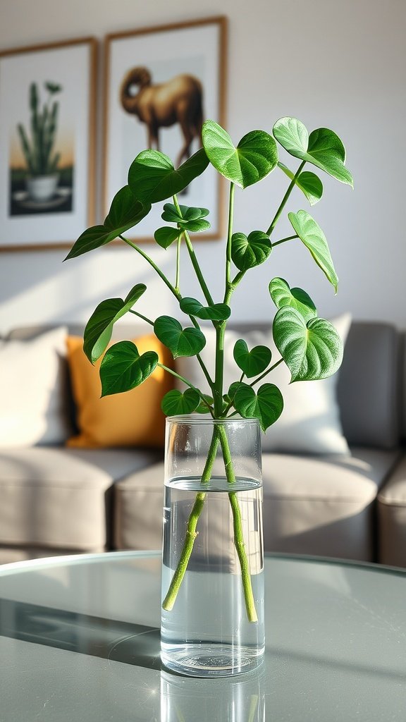 A Philodendron cutting in a clear vase filled with water, showcasing its vibrant green leaves.