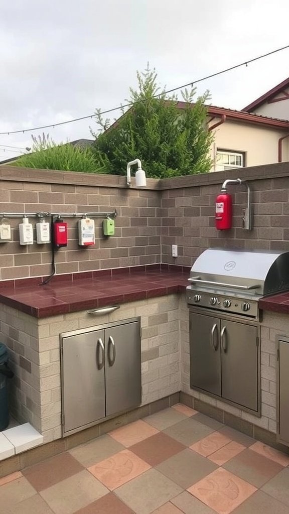 An outdoor kitchen featuring a grill, cabinets, and a workspace, designed for efficient cooking and dining.