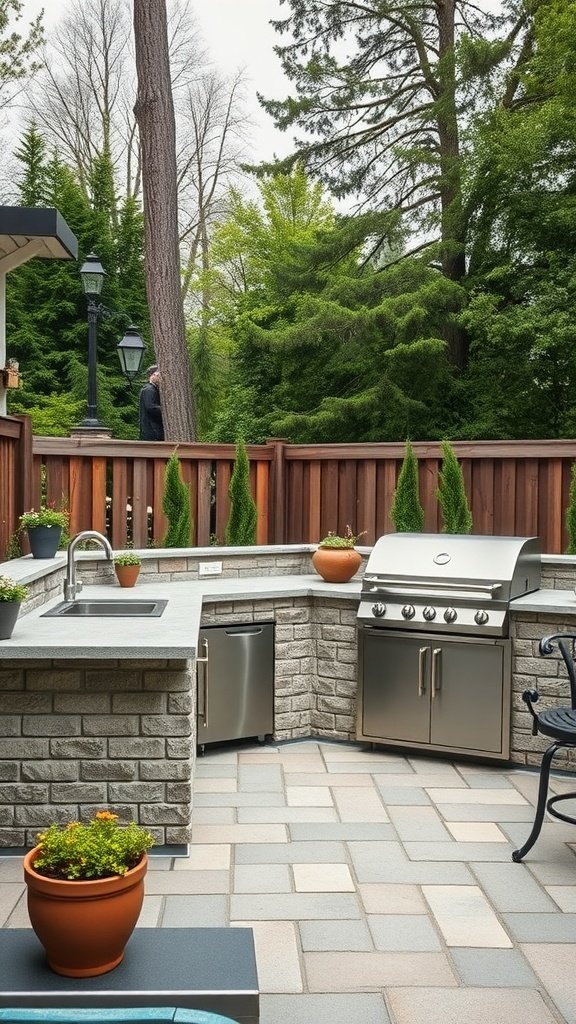A well-designed outdoor kitchen featuring a grill and countertop, surrounded by greenery.