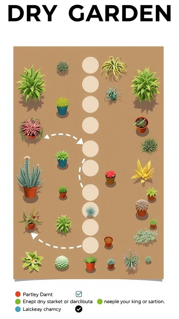 A layout plan for a dry garden, featuring various drought-tolerant plants in pots.