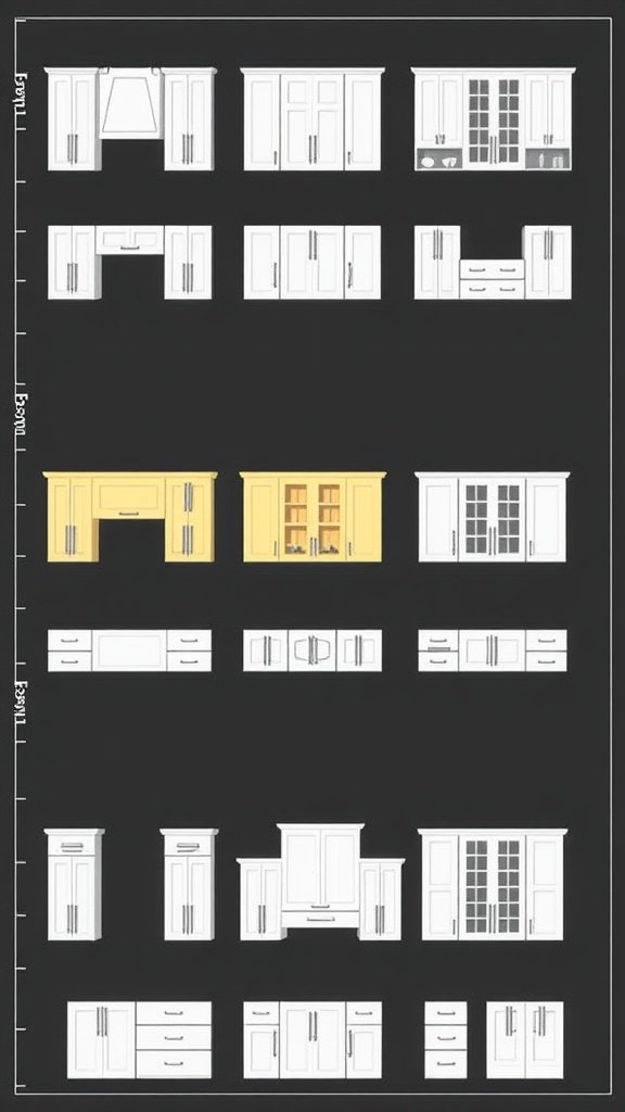 A layout showcasing different kitchen cabinet styles including tan and white colors.