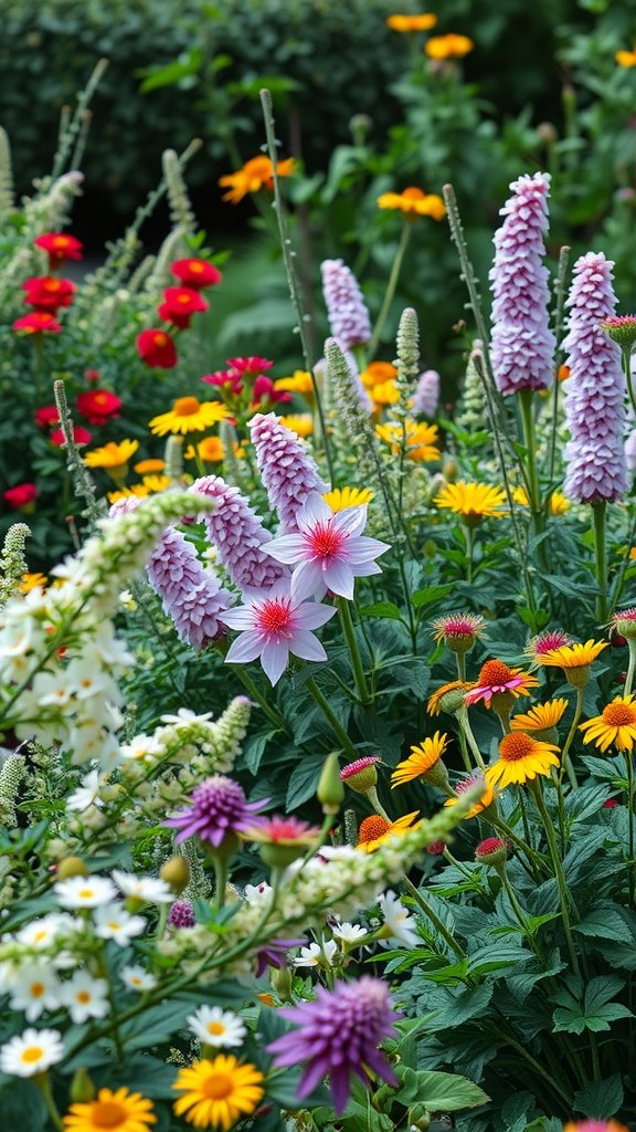 Colorful flower garden with various blooming flowers.
