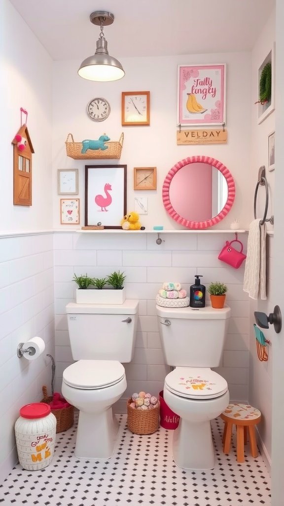 A playful half bathroom with colorful accessories and decor.
