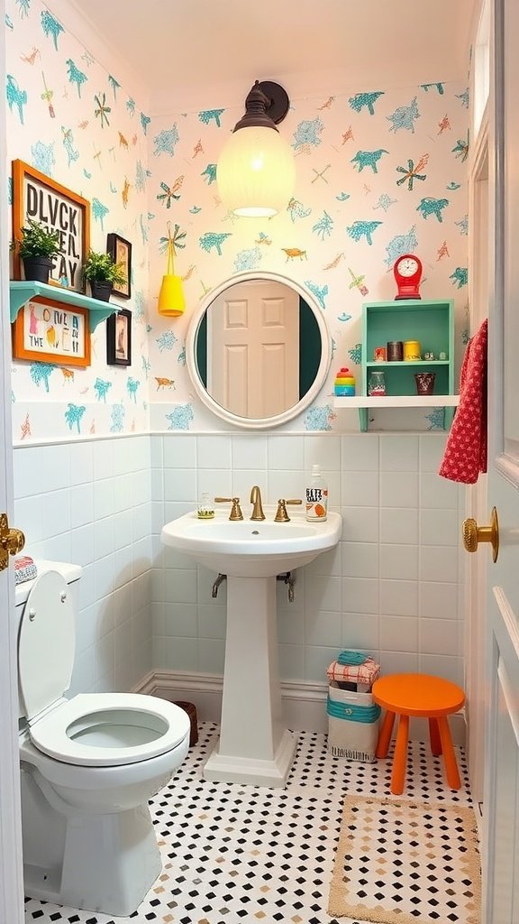 A small half bathroom featuring playful wallpaper, colorful decor, and unique accessories.