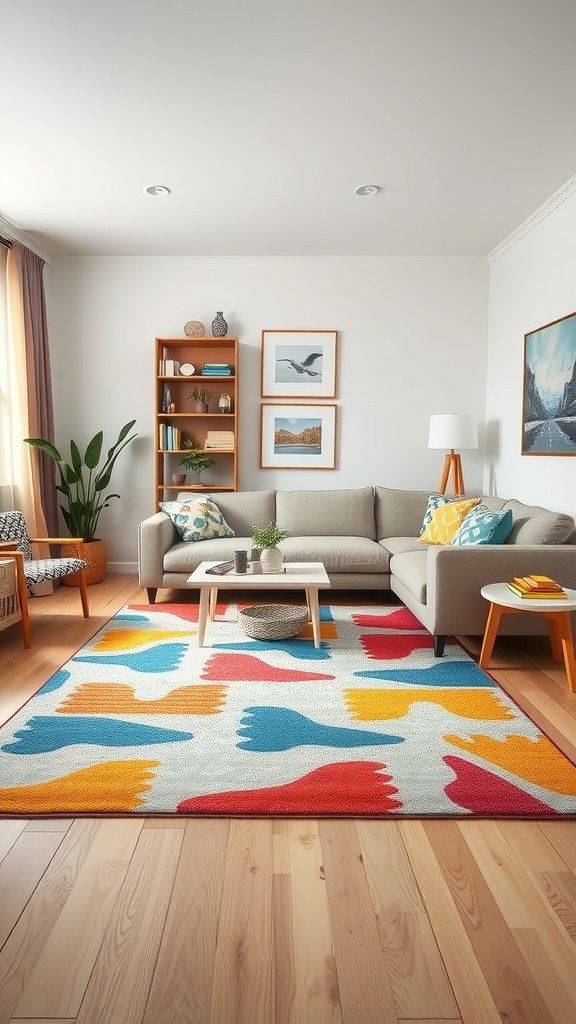 Colorful area rug in a modern living room with neutral furniture.