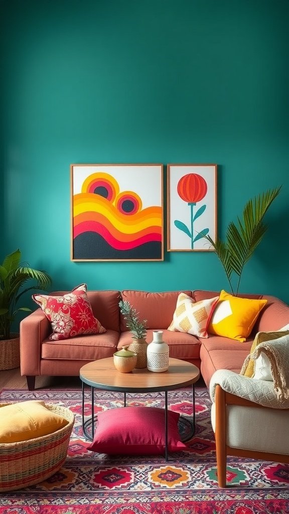 A colorful boho living room featuring a teal wall, bright cushions, and playful artwork.