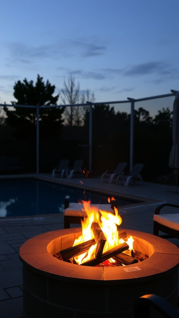 A cozy fire pit surrounded by seating near a swimming pool at dusk.