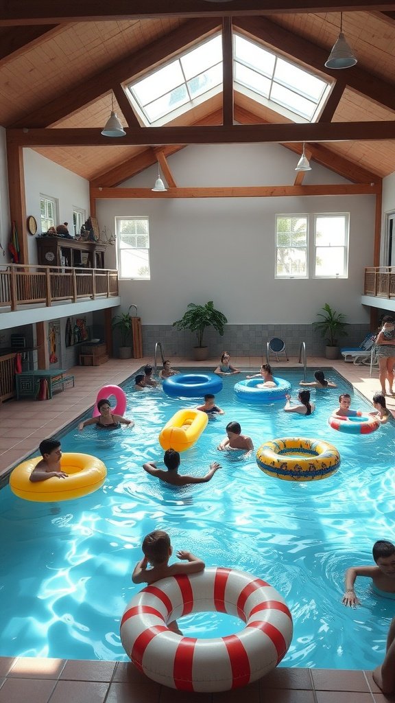 A lively pool scene with people enjoying various floaties and activities.