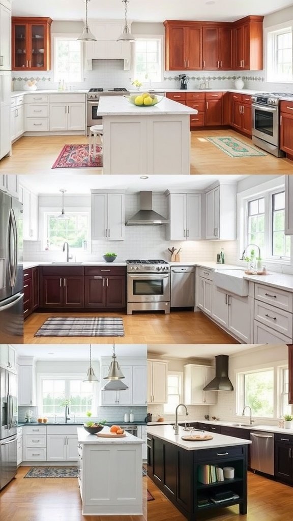 A collage of modern kitchens featuring two-tone cabinets in tan and white.