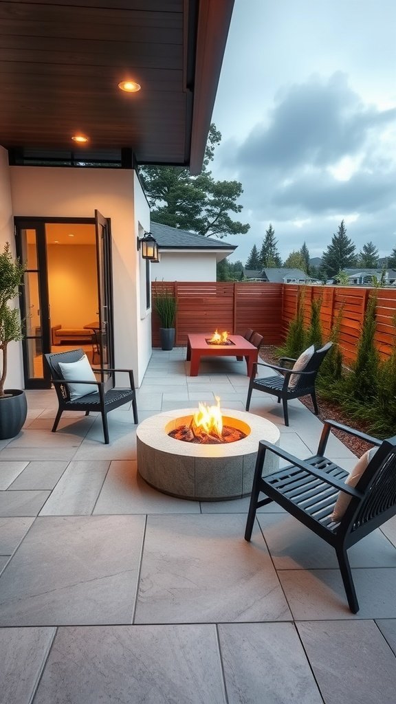 A cozy patio with porcelain tiles, featuring a fire pit and seating.
