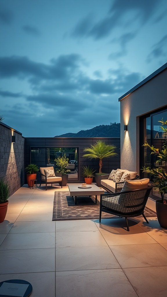 A modern patio with porcelain tiles, featuring comfortable seating and potted plants