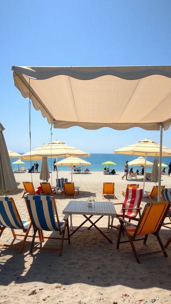 Portable awning setup with chairs and a table, overlooking the beach