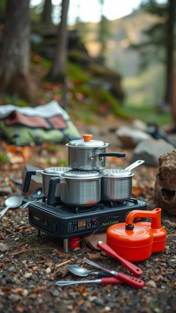 A portable camping kitchen setup with pots and utensils.