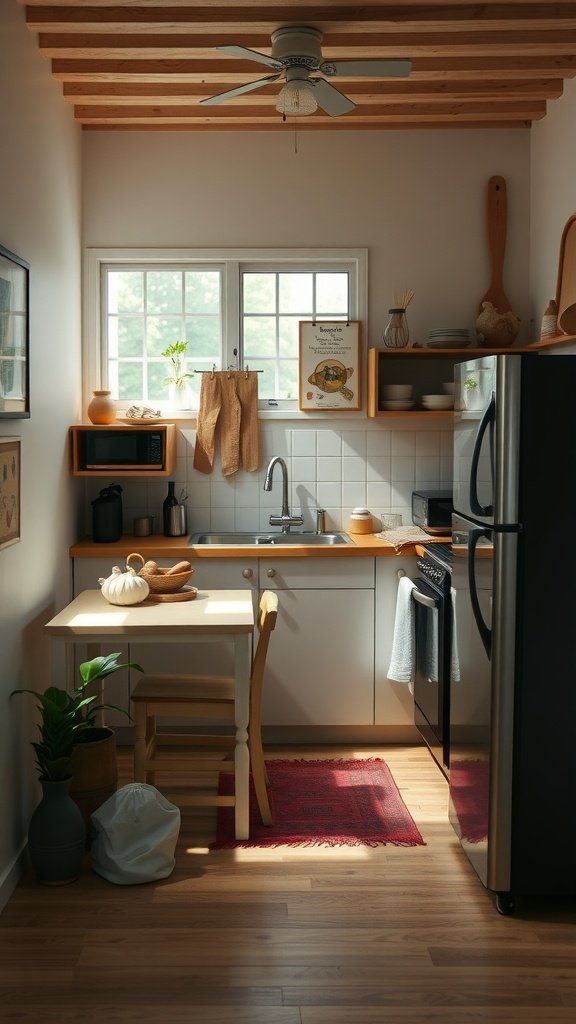 Cozy tiny home kitchen with a portable cooking station and decorative elements.