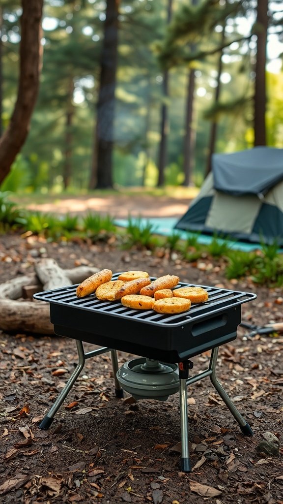 A portable grill set up in a campsite with grilled food on it, surrounded by trees and a tent.