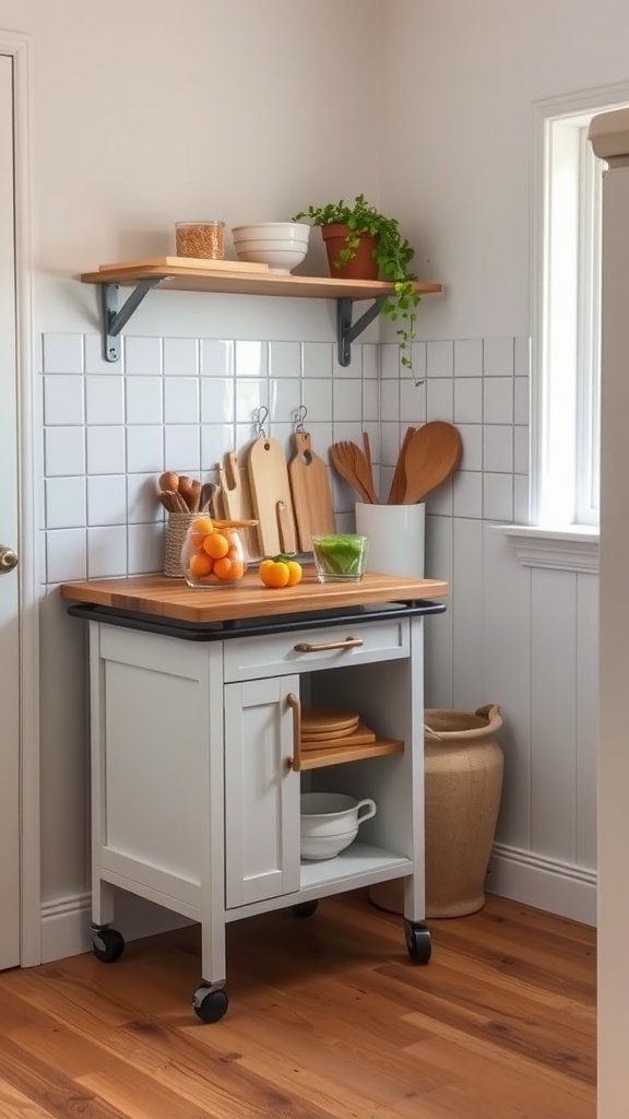 A stylish portable kitchen cart with fruits and kitchen utensils.