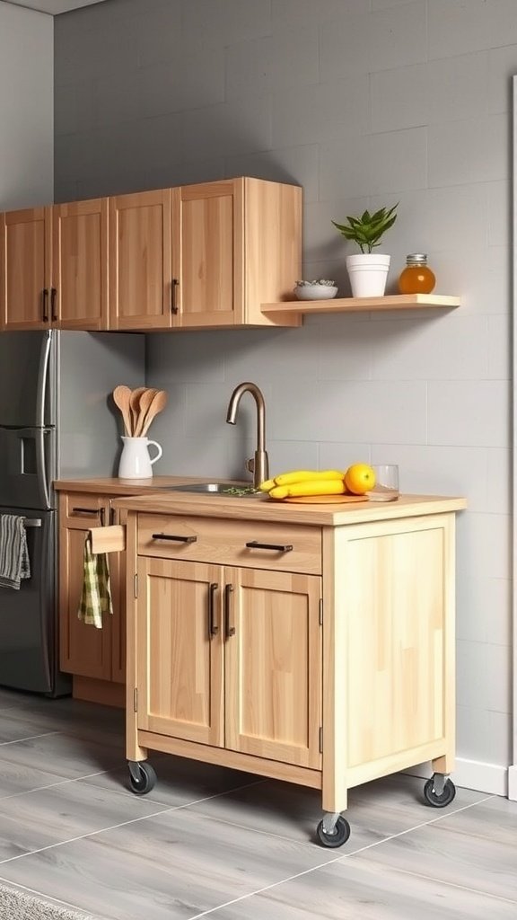 A small kitchen featuring a portable kitchen island with wheels, wooden cabinets, and countertop.
