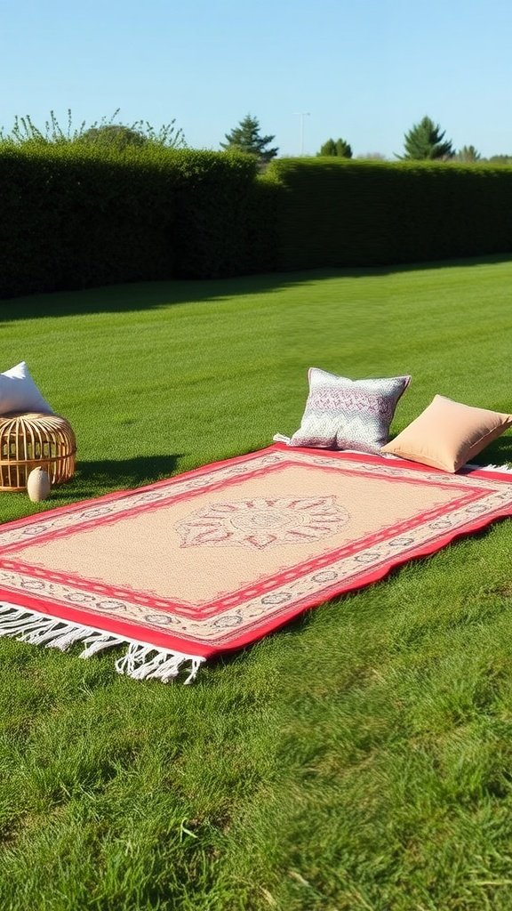 A colorful portable outdoor rug on green grass with cushions around it.