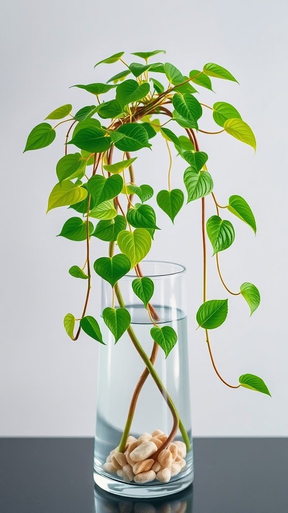 A healthy Pothos plant growing in a clear vase filled with water and small pebbles.