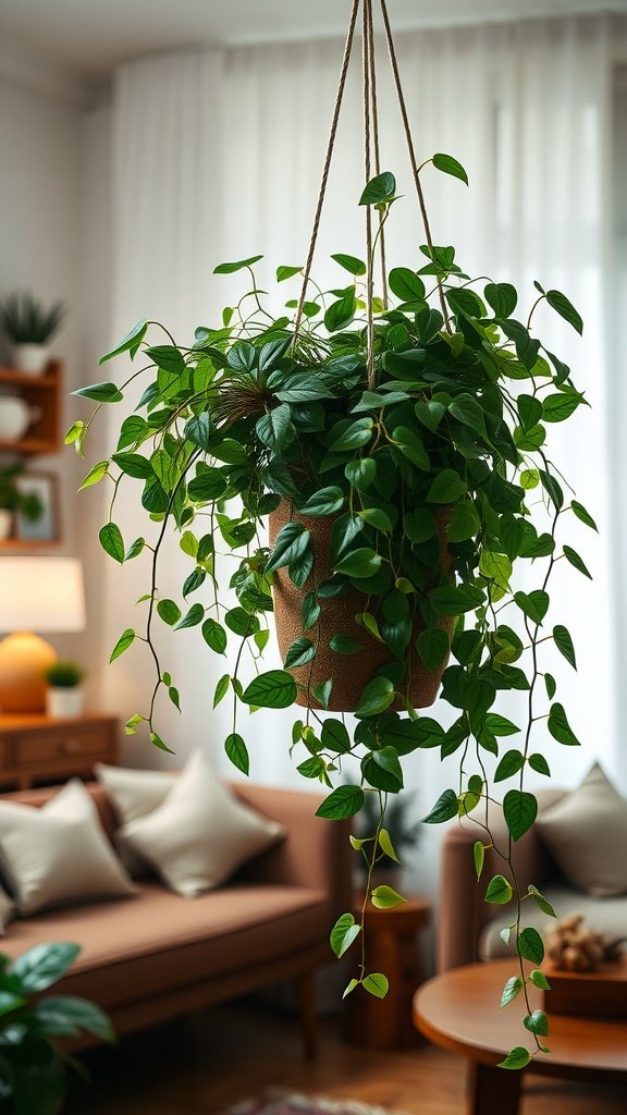 A lush pothos plant hanging in a stylish living room.
