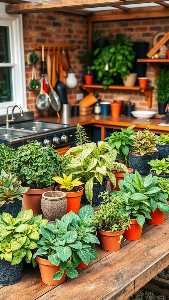 A variety of potted herbs and plants arranged on a wooden table in a garden setting