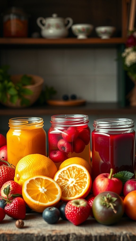 Colorful jars of homemade jams surrounded by fresh fruits.