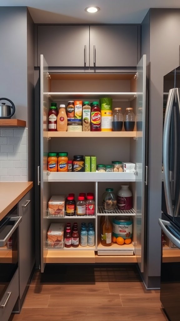 A modern pull-out pantry filled with various food items and beverages.