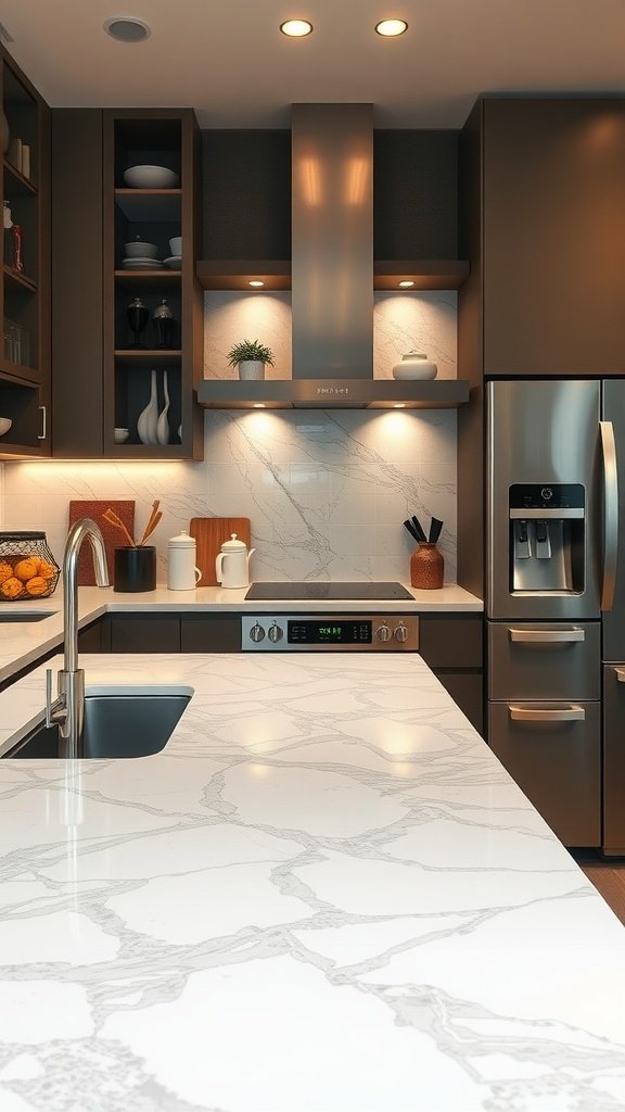 A modern kitchen with a quartz countertop featuring a marble design and natural wood accents.