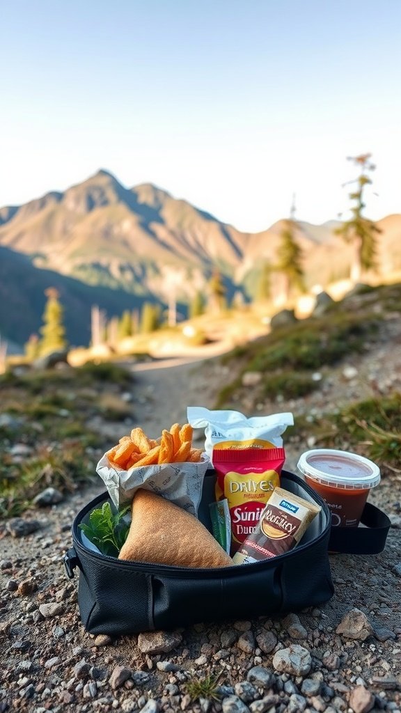 A portable camp kitchen setup with snacks and a wrap surrounded by nature.